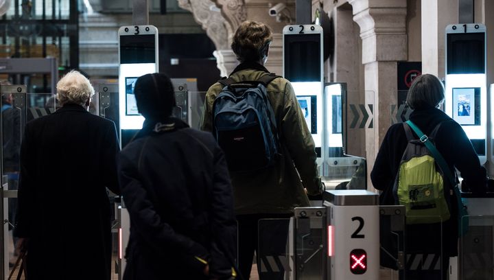 Facial recognition systems in use at the British entry gate of the Eurostar railway in Paris in February.