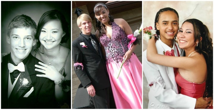 Senior prom photos of LGBT+ BuzzFeed staff (from L to R: Niki Ang, Jazzmyne Robbins, Carl Monroe), before they came out