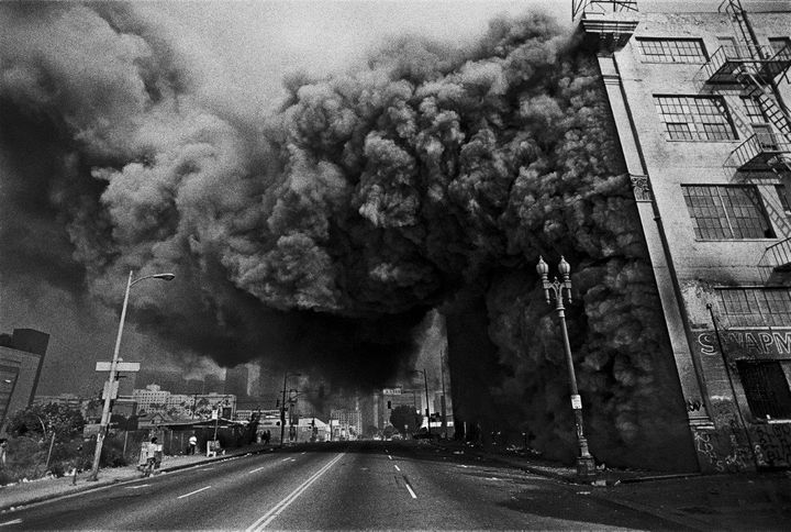 A building burns in South LA at the height of the 1992 Civil Unrest 