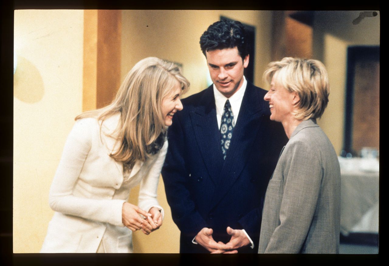 Laura Dern, Steven Eckholdt and Ellen DeGeneres share a moment during the filming of "The Puppy Episode," the episode in which DeGeneres' character comes out.