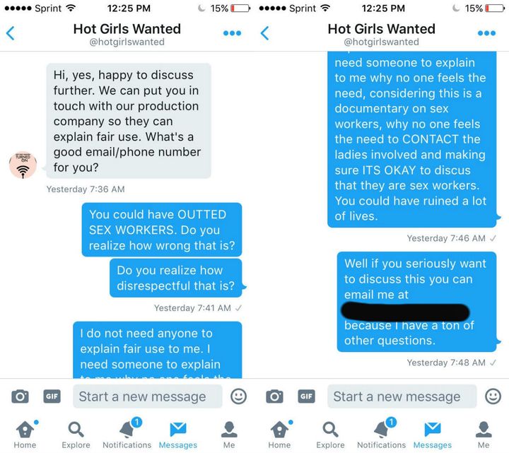 A direct message conversation on Twitter between Kayy and the "Hot Girls Wanted" Twitter account. 