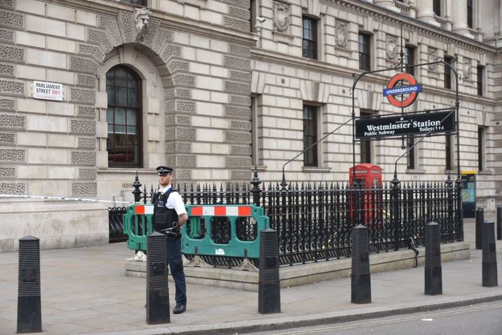 Police outside Westminster tube station after the arrest.