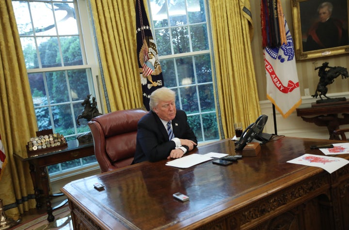 U.S. President Donald Trump speaks during an interview with Reuters in the Oval Office of the White House in Washington, U.S., April 27, 2017.