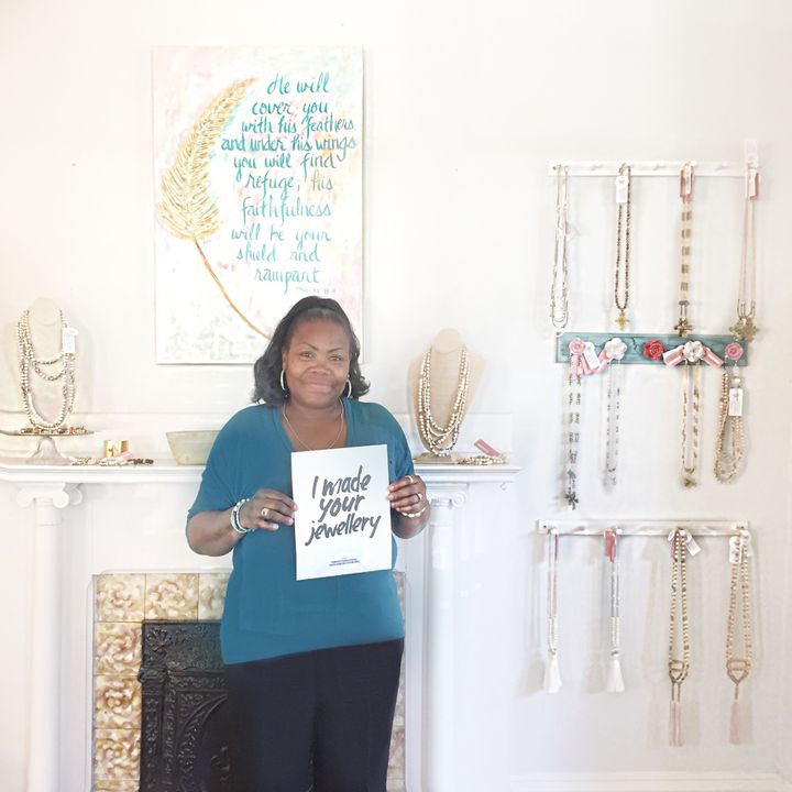 Local artisan partner in North Carolina makes jewelry with ethically sourced beads from around the world.