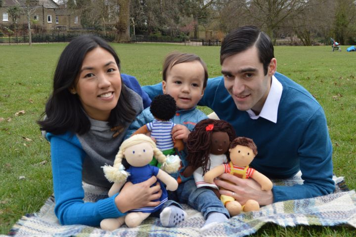 Winnie Mak and Rafael Tselikas with their son Alex and their One Dear World dolls.