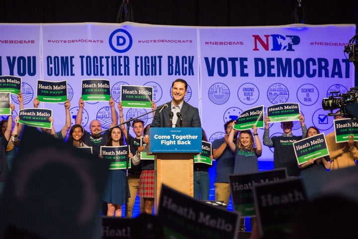 Heath Mello, a Democratic mayoral candidate in Omaha, Nebraska, addresses a crowd on April 20, 2017, as part of the DNC's "Come Together, Fight Back" tour.