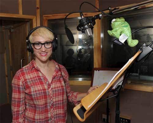 <p>Eden Espinosa in the recording booth working on Disney “Tangled: The Series”</p>