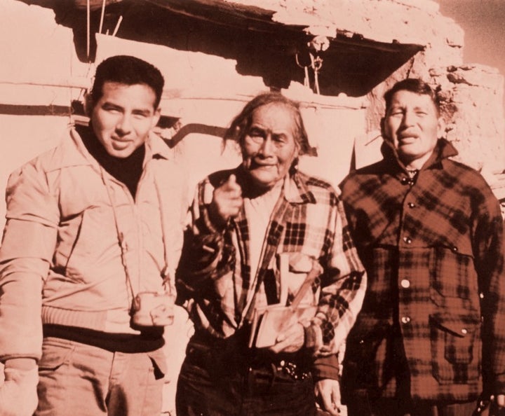 Johnson’s father, Col. Caleb Johnson (left); great-grandfather, Poleyestewa (center); and grandfather, Fred Johnson (right) farmed corn.