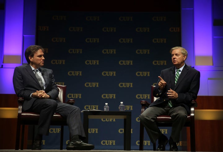 In a photo from July 2015, Bret Stephens, then a Wall Street Journal opinion columnist, moderated a talk with Sen. Lindsey Graham (R-S.C.) at the Christians United for Israel summit in Washington.