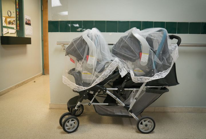 The mosquito net-covered stroller where 2-month-old twins Misael and Ismael Carrasquillo slept during a visit for regular vaccinations at Puerto Rico's Concilio de Salud Integral in Loiza in 2016.