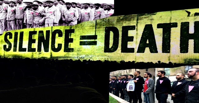 Collage of Gay Men During Holocaust, Silence = Death Backdrop From U2 Concert, and Chileans Protesting Gay Concentration Camp