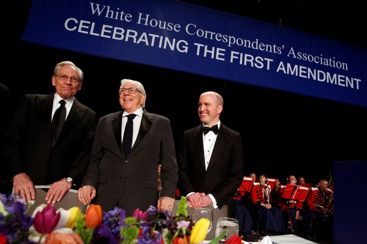 Famed Watergate reporters Bob Woodward and Carl Bernstein championed the role of the press on Saturday night, alongside White House Correspondents' Association President Jeff Mason.