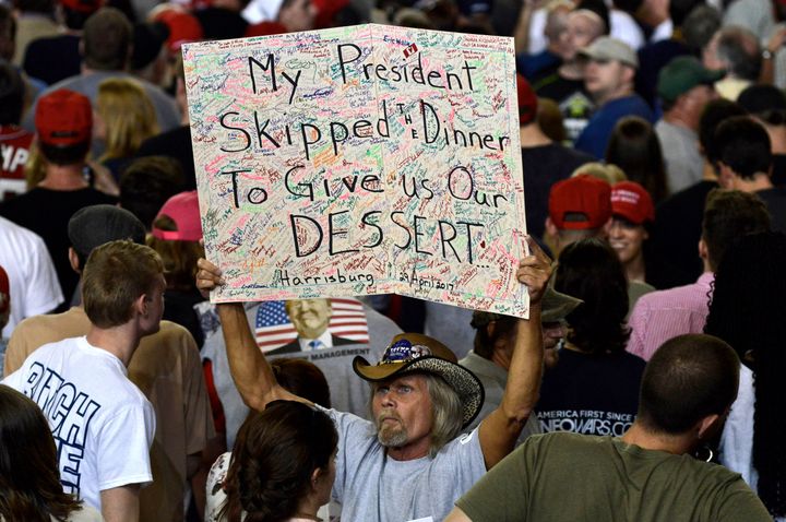 A Trump supporter applauds the president skipping the White House Correspondents' Dinner.