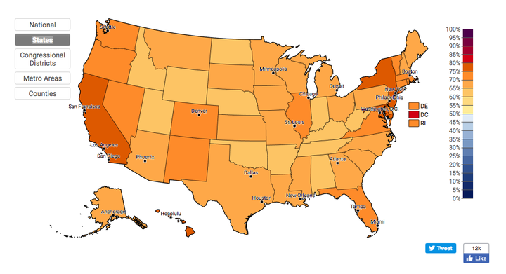 On the basis of polling, public opinion researchers at Yale University estimate that 70% of American adults accept that global warming is underway. This map shows the state-by-state results.