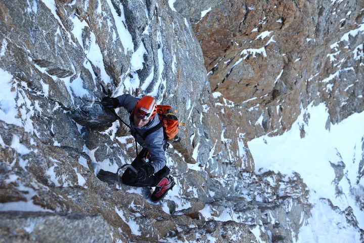 Steck, who climbed Everest in 2012, is seen scaling Droite Mountain in the French Alps without any ropes during an earlier climb.