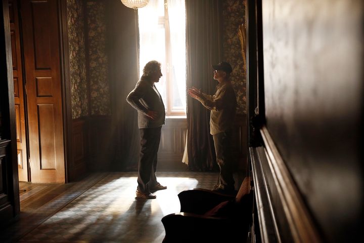 Geoffrey Rush (playing Einstein) receives direction from Ron Howard in the first episode of National Geographic’s “Genius.”