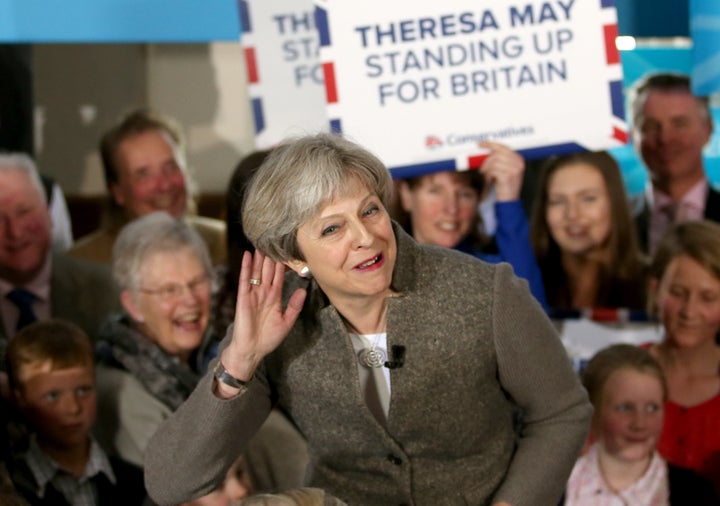 Theresa May delivers a speech while on the election campaign trail in the village of Crathes, Aberdeenshire