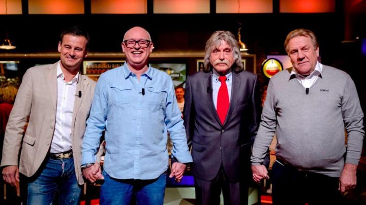Panel of football analysts who’ve previously made various homophobic remarks hold hands to show their support for the two men who were assaulted in April. 