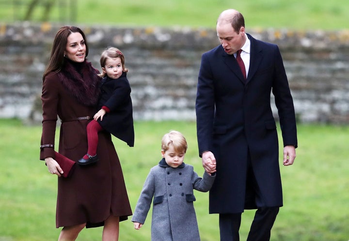 Prince William, the Duke of Cambridge (R), his wife Catherine, The Duchess of Cambridge (L), Prince George (2nd R) and Princess Charlotte arrive to attend the morning Christmas Day service at St Mark's Church. 