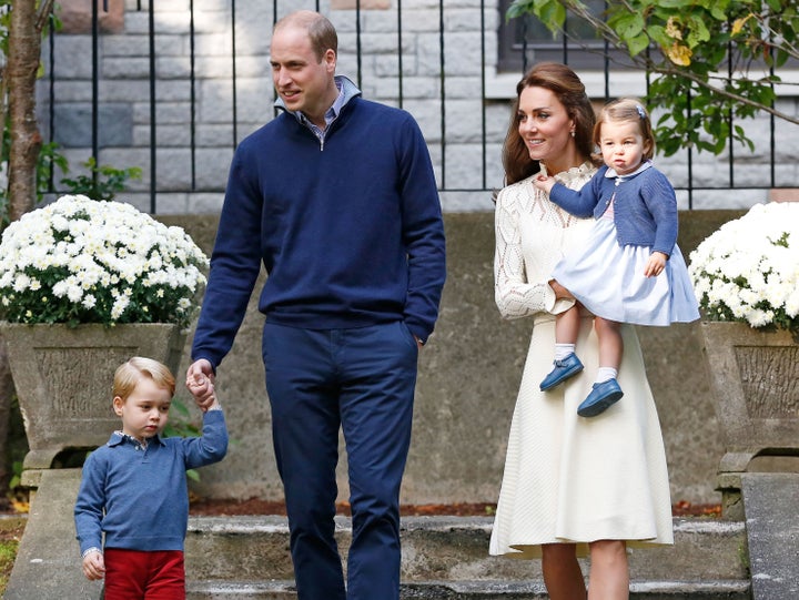 Prince William, Catherine, Duchess of Cambridge, Prince George and Princess Charlotte arrive at a children's party at Government House in Victoria, British Columbia, Canada, September 29, 2016.