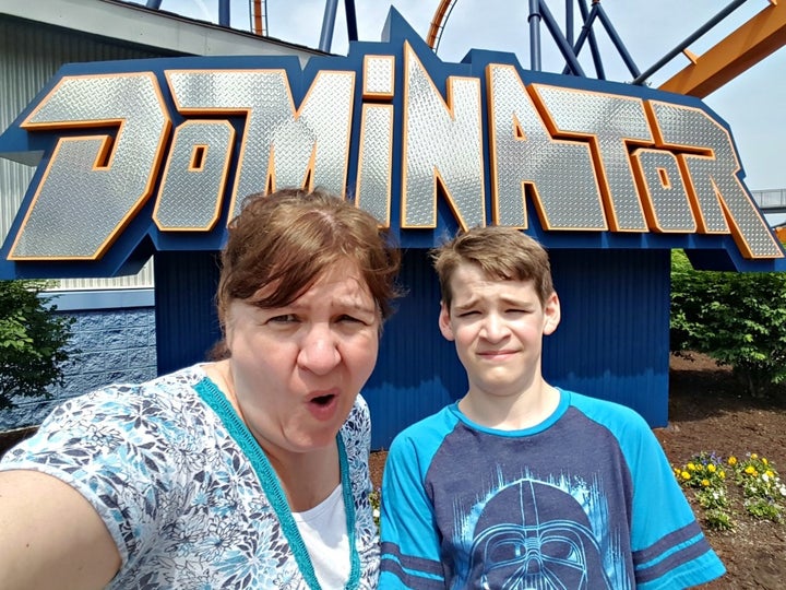 <p>My son and I getting ready to take on The Dominator at King’s Dominion</p>