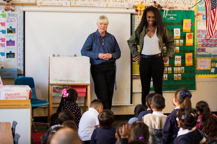 Mrs. Judy Vellegas and former first grade student Venus Williams in Mark Twain Elementary School, Lynwood CA