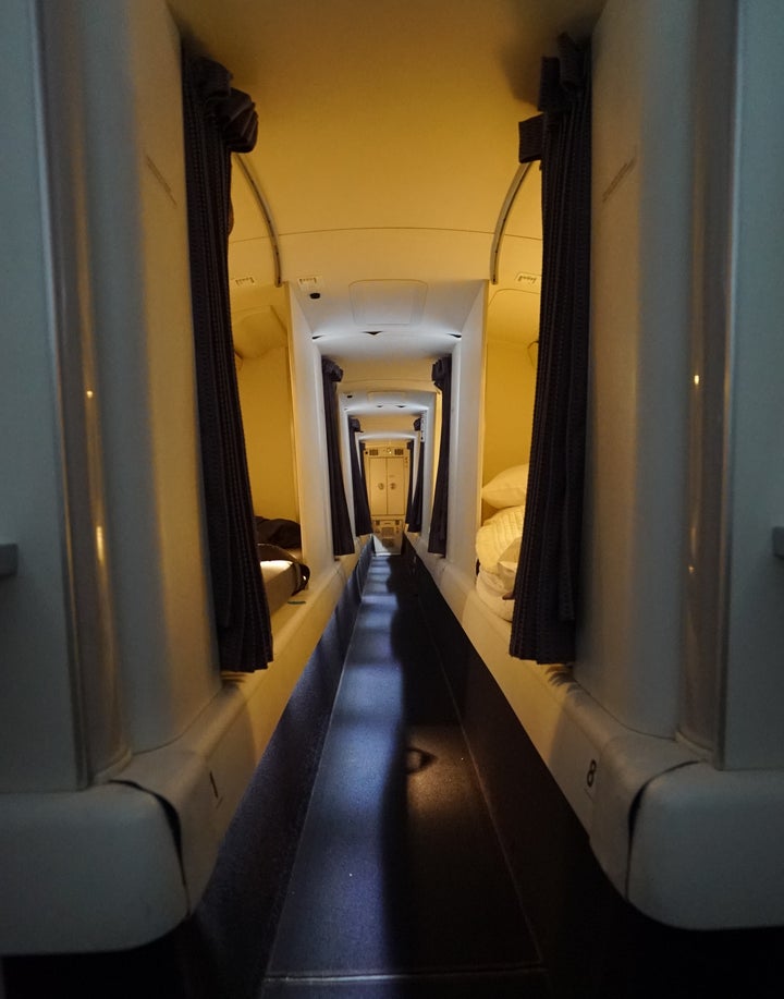 After meal service, flight attendants on Virgin Australia flights <a href="https://blog.virginaustralia.com/our-people/do-our-crew-sleep-long-haul-flights" target="_blank" role="link" class=" js-entry-link cet-external-link" data-vars-item-name="take turns using eight beds" data-vars-item-type="text" data-vars-unit-name="59078a8ce4b0bb2d087044e3" data-vars-unit-type="buzz_body" data-vars-target-content-id="https://blog.virginaustralia.com/our-people/do-our-crew-sleep-long-haul-flights" data-vars-target-content-type="url" data-vars-type="web_external_link" data-vars-subunit-name="article_body" data-vars-subunit-type="component" data-vars-position-in-subunit="3">take turns using eight beds</a> in the rest area above the economy cabin.