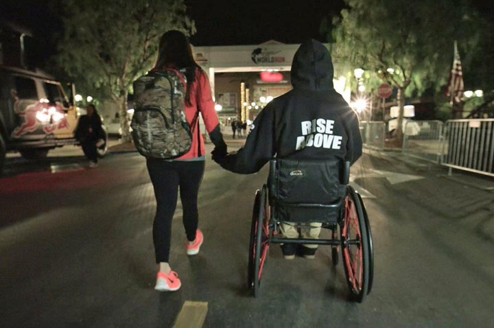 <p>Aaron and his wife Katie heading to the starting line - 2016</p>
