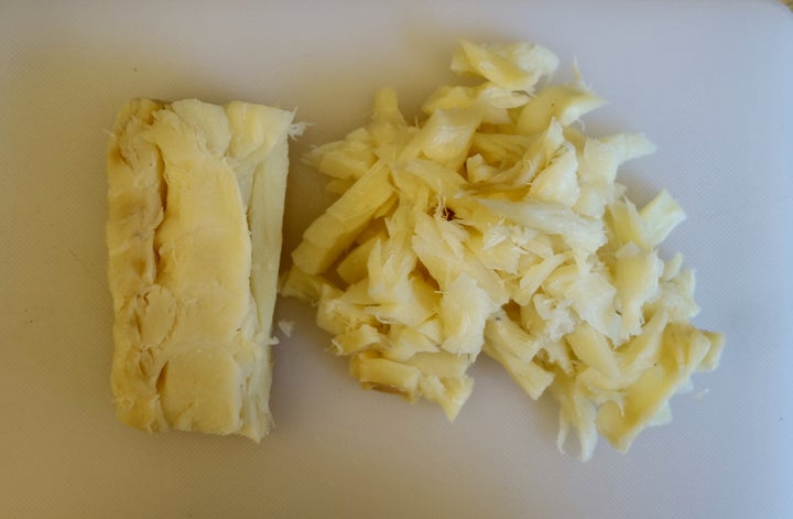 Salt cod, soaked, sliced and shredded