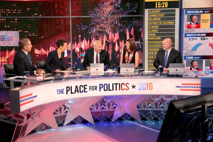 Brian Williams, Rachel Maddow, Chris Matthews, Kasie Hunt and Steve Schmidt do election night coverage on MSNBC.