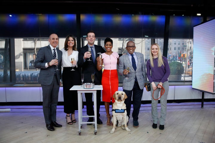 In this file photo, Matt Lauer, Savannah Guthrie, Carson Daly, Tamron Hall and Al Roker pose with a guest of the "Today" show.