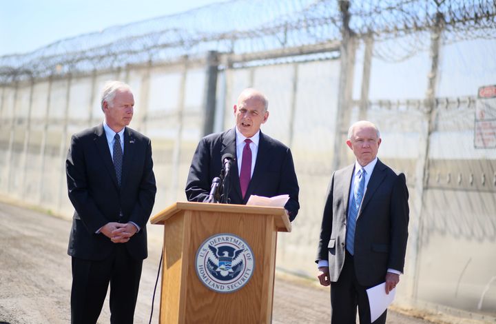 Sec. of Homeland Security Kelly (center) speaks to the media during a tour of the border and immigrant detention operations at Brown Field Station on April 21, 2017 in Otay Mesa, California.