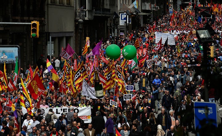 May Day march in Barcelona, Spain