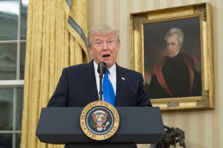 Trump speaking beneath a portrait of populist President Andrew Jackson in the Oval Office in February.