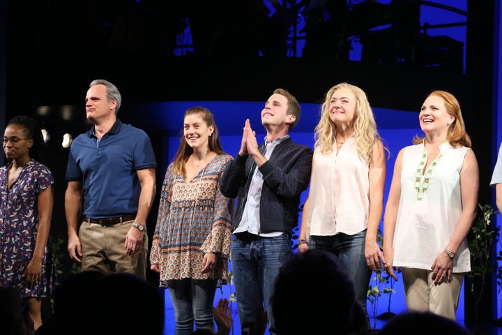 Cast members Kristolyn Lloyd, Michael Park, Laura Dreyfuss, Ben Platt, Rachel Bay Jones and Jennifer Laura Thompson attend curtain call during "Dear Evan Hansen"'s Broadway opening night at Music Box Theatre on December 4, 2016, in New York City.