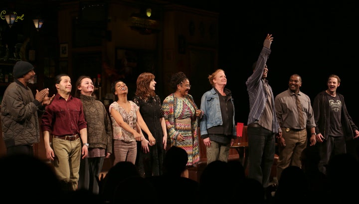 John Earl Jelks, Carlo Alban, Alison Wright, Michelle Wilson, Kate Whoriskey, Lynn Nottage, Johanna Day, Khris Davis, Lance Coadie Williams and Will Pullen during curtain call bows for the Broadway opening night of "Sweat" at Studio 54 on March 26, 2017, in New York City.