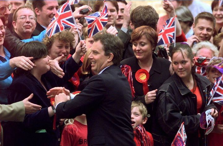 Tony Blair arrives in Downing Street after storming to victory in the 1997 General Election.