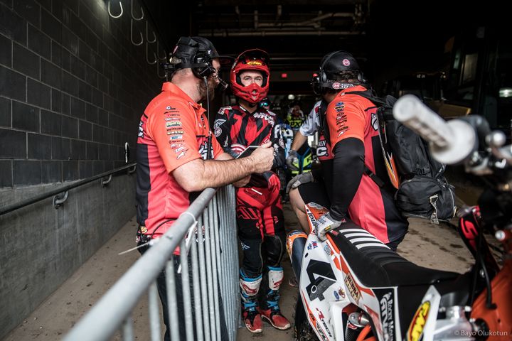 Blake Baggett eyes the track from the tunnel before practice. The diminutive rider has greatly improved his Supercross skills the season on his KTM 450SX-F. 