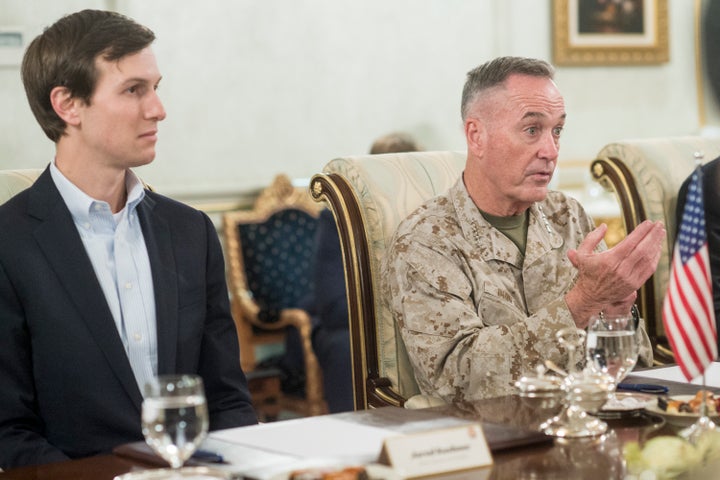 Jared Kushner, senior advisor to president Donald J. Trump, Marine Corps Gen. Joseph F. Dunford Jr., chairman of the Joint Chiefs of Staff attend a meeting with the president of Iraqi Kurdistan Masoud Barzan near Erbil, Iraq, April 4, 2017.