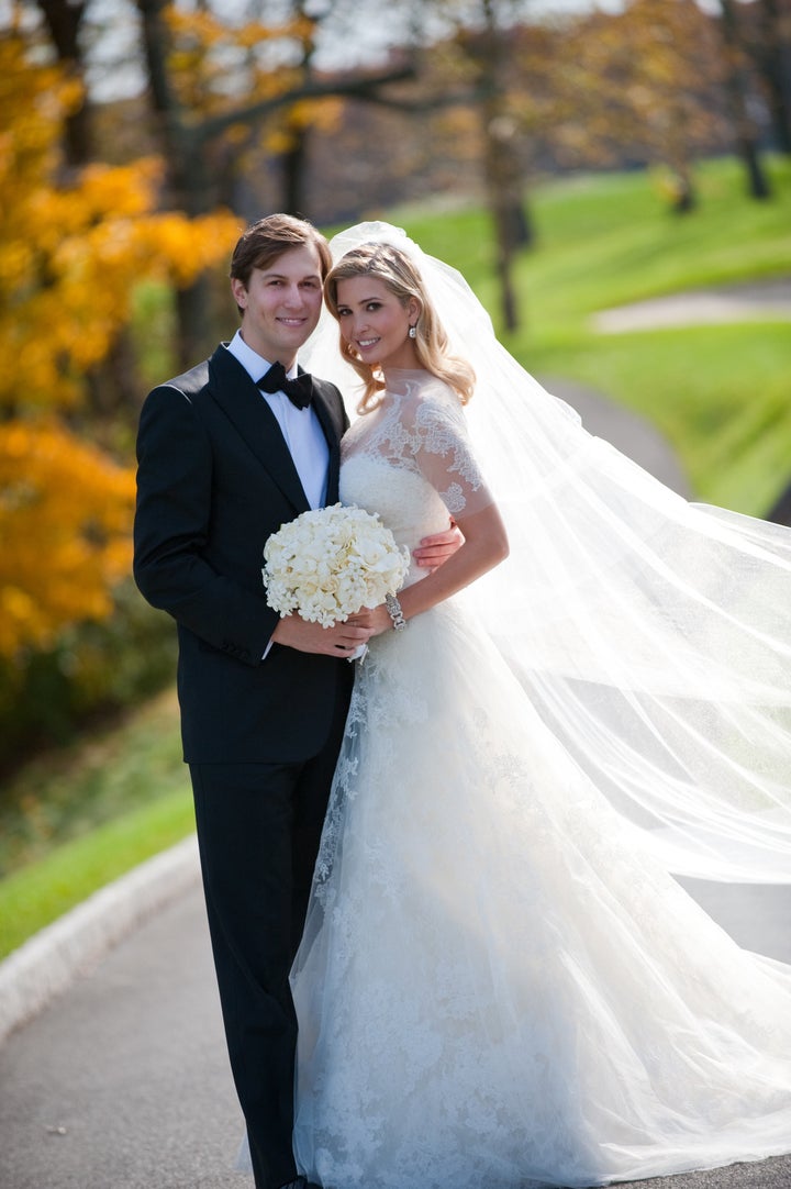 Ivanka Trump and Jared Kushner attend their wedding at Trump National Golf Club on October 25, 2009 in Bedminster, New Jersey.