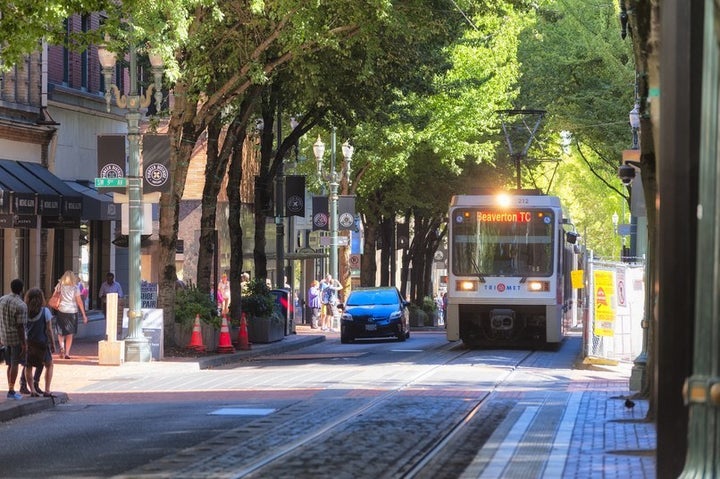 <p>The public train in downtown Portland, Oregon.</p>