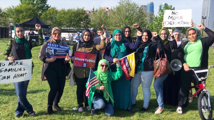 Muslim women from the Hudson County area attend a May Day rally in support of Zak in Jersey City, NJ.