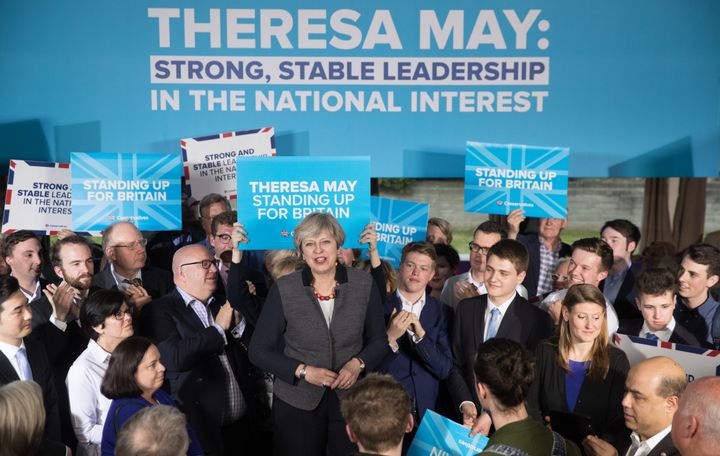 Theresa May addresses an audience of supporters during a campaign stop in Bristol.