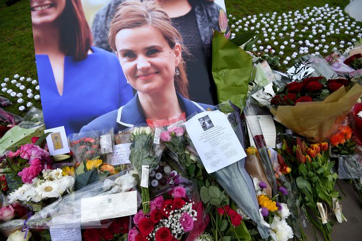 Some of the floral tributes to Jo Cox in Parliament Square in 2016.