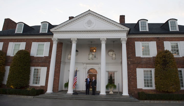 Then president-elect Donald Trump poses for a photo with MUS Marines General (Ret.) James Mattis on the steps of the clubhouse at Trump National Golf Club November 19, 2016 in Bedminster, New Jersey.