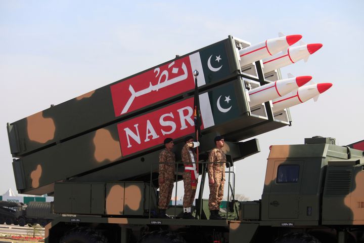 Pakistan displays its nuclear-capable NASR missile battery during a military parade in Islamabad on March 23, 2017.