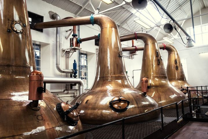 The four pot stills at the Highland Park distillery