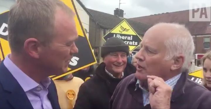 Tim Farron confronted by angry voter Malcolm Baker