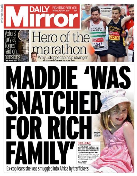 The Daily Mirror's front page about the child trafficking theory