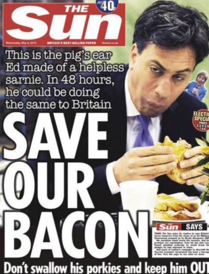 The Sun's front page linked Ed Miliband's sandwich-eating with his political ability